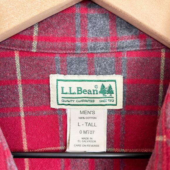 LL Bean Plaid Flannel Button Front Shirt Red Gray Vintage 90s Mens Large Tall LT - Picture 5 of 5
